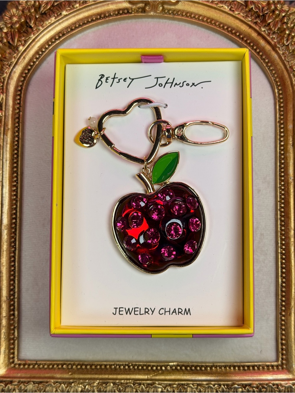 Betsey Johnson Red Apple Rhinestone Jewelry Charm Keychain Box